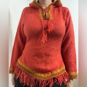Alpaca Sweater Hooded Long Sleeves Fringe Hem